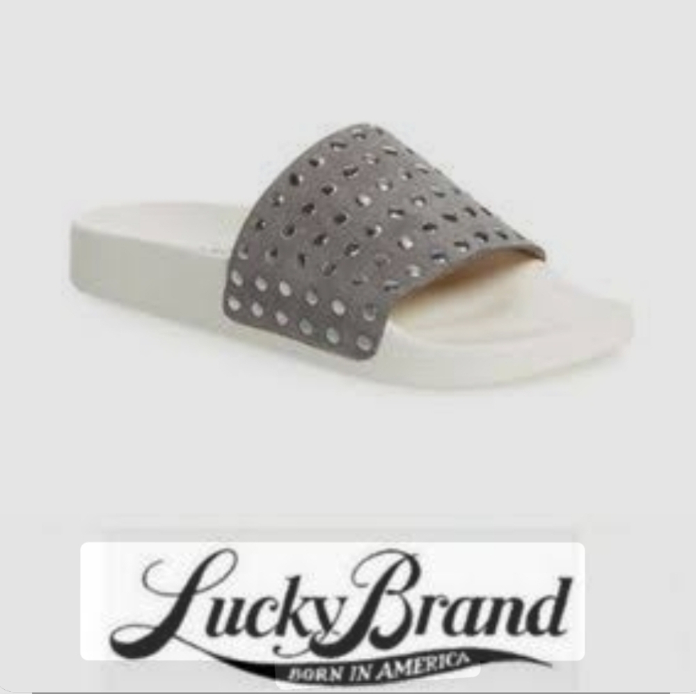 NWOT Lucky Brand Gray Slide Sandals Vacation Summer Add On Gift Travel House New
